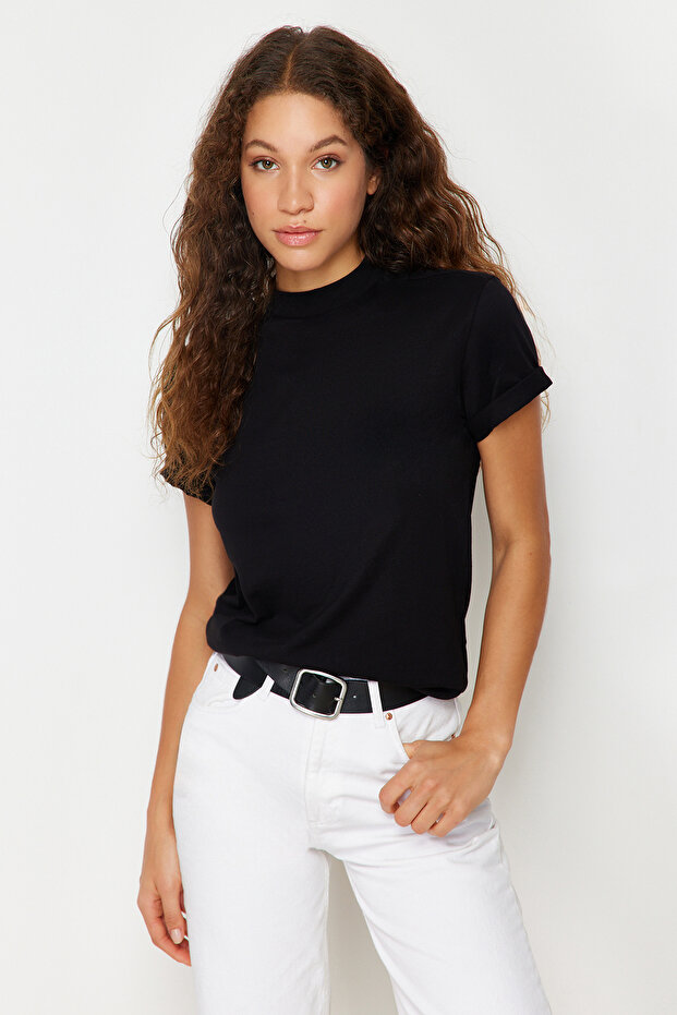 Siyah %100 Pamuk Basic Regular/Normal Kalıp Dik Yaka Örme T-Shirt TWOAW20TS0096 - 5
