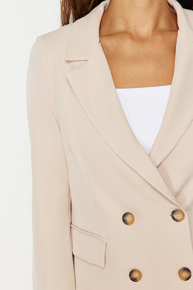 Bej Regular Astarlı Kruvaze Kapama Dokuma Blazer Ceket TWOSS21CE0107 - 6