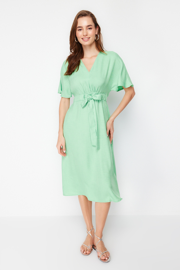 Green Tie Detailed A-line V-neck Midi Woven Dress TWOSS23EL01543