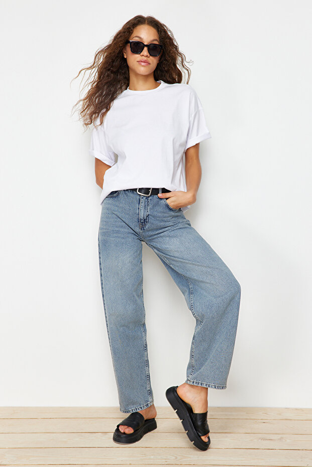 Beyaz %100 Pamuk Bisiklet Yaka Oversize/Geniş Kalıp Örme T-Shirt TWOSS20TS0134 - 6