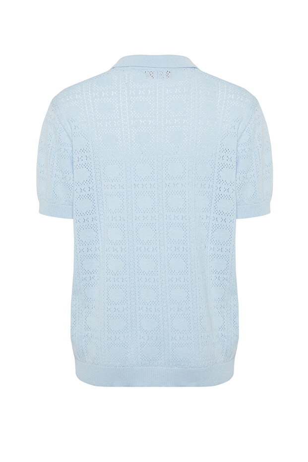 Limitowana edycja jasnoniebieskiej, regularnej, bawełnianej, ażurowej dzianiny polo z kołnierzykiem Tmnss24Po00007 - 8