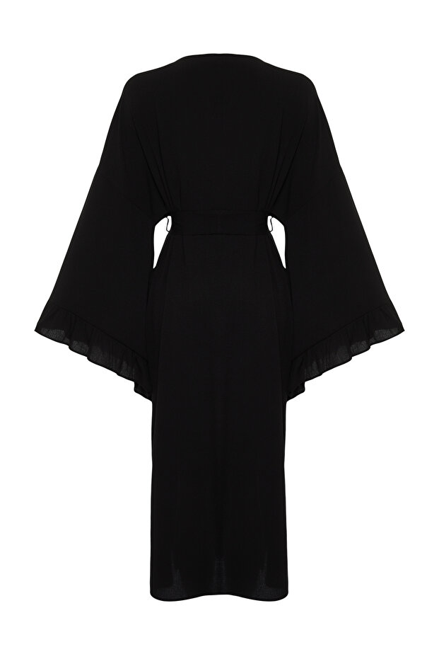 Plaj Giyim Siyah Dokuma Fırfırlı Kuşaklı Maxi Kimono&Kaftan TBESS24KM00026 - 9