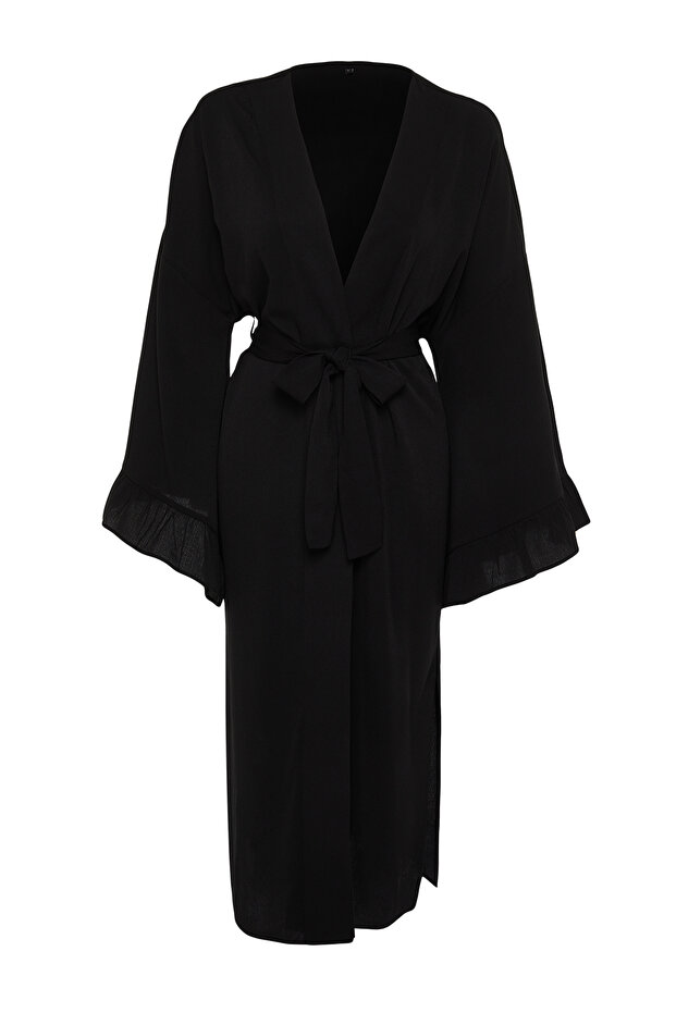 Plaj Giyim Siyah Dokuma Fırfırlı Kuşaklı Maxi Kimono&Kaftan TBESS24KM00026 - 7