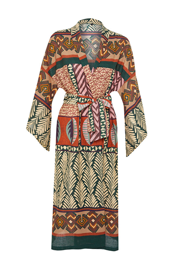 Etnik Desenli Dokuma Maxi Plaj Kuşaklı Kimono&Kaftan TBESS24KM00022 - 6