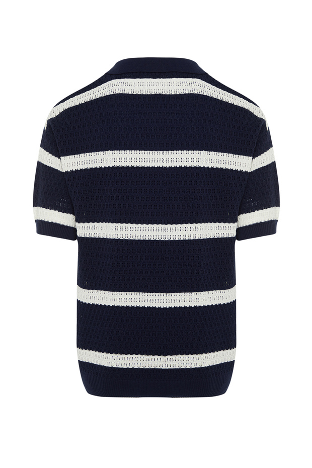 Lacivert Regular Fit Pamuklu Çizgili Kaçık Pat Triko Polo Yaka T-ShirtTMNSS24PO00004 - 8
