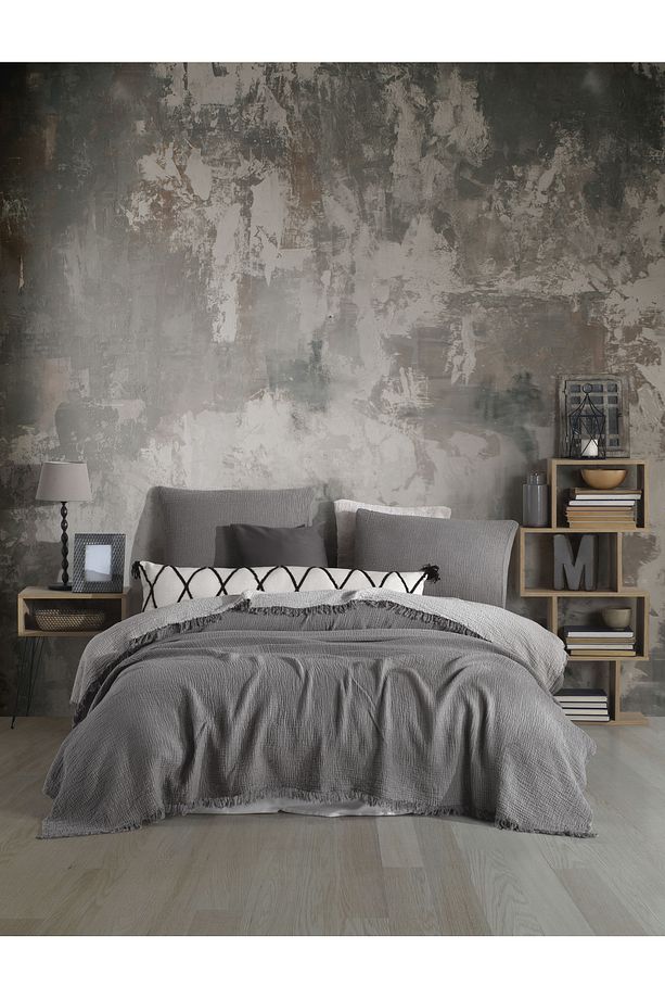 Antrasit Tek Kişilik 180x240cm Yatak Örtüsü/1 Adet 50x70cm Yastık 4 Katlı Multi Muslin %100 Pamuk - 4