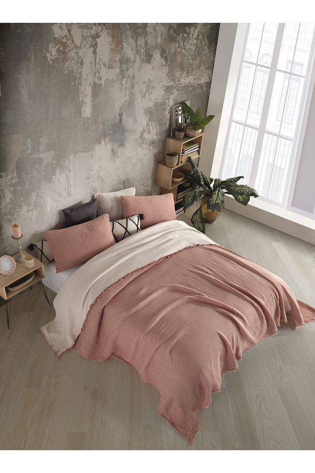 Kiremit Tek Kişilik 160 X 240cm Yatak Örtüsü/1 Adet 50x70cm Yastık 4 Katlı Multi Muslin %100 Pamuk - 1