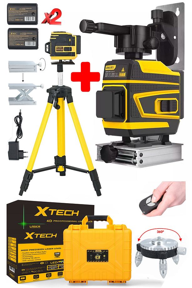 XTECH 12 Köşe 360 Derece Yatay Dikey Çapraz Çizgi Kumandalı Ve Çantalı Lazer Metre Hizalama + Tripot - 2