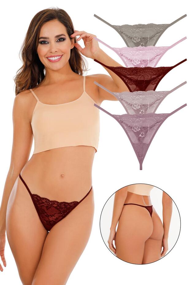 Női húzózsinóros csipke tanga 5 részes bugyi szett vegyes színekben Kts3062 -MODELL-5 - 1