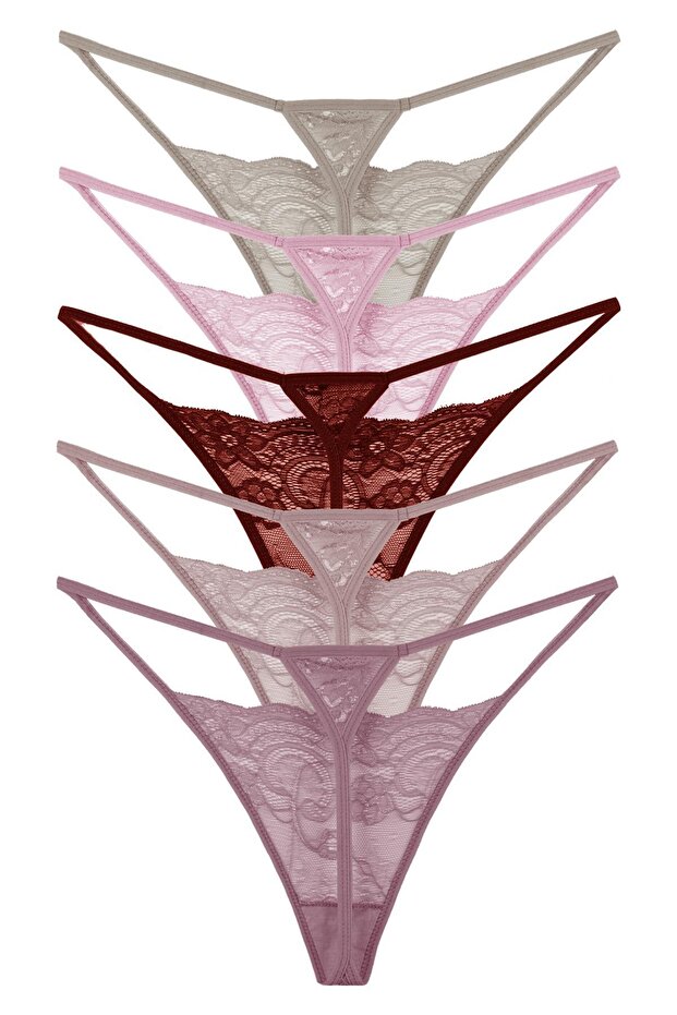 Női húzózsinóros csipke tanga 5 részes bugyi szett vegyes színekben Kts3062 -MODELL-5 - 3