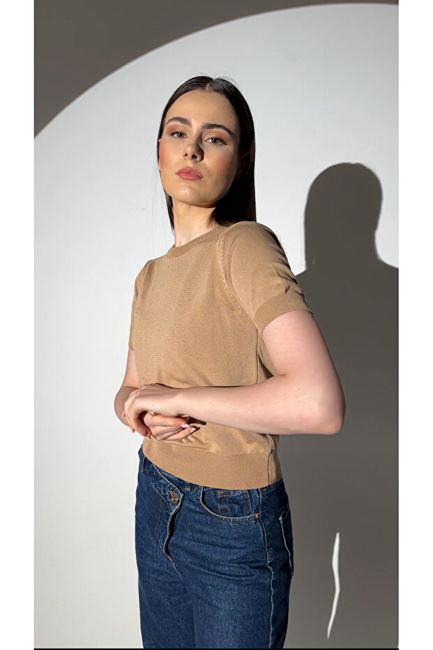 Basıc Kısa Kollu Triko Kazak-camel - 3