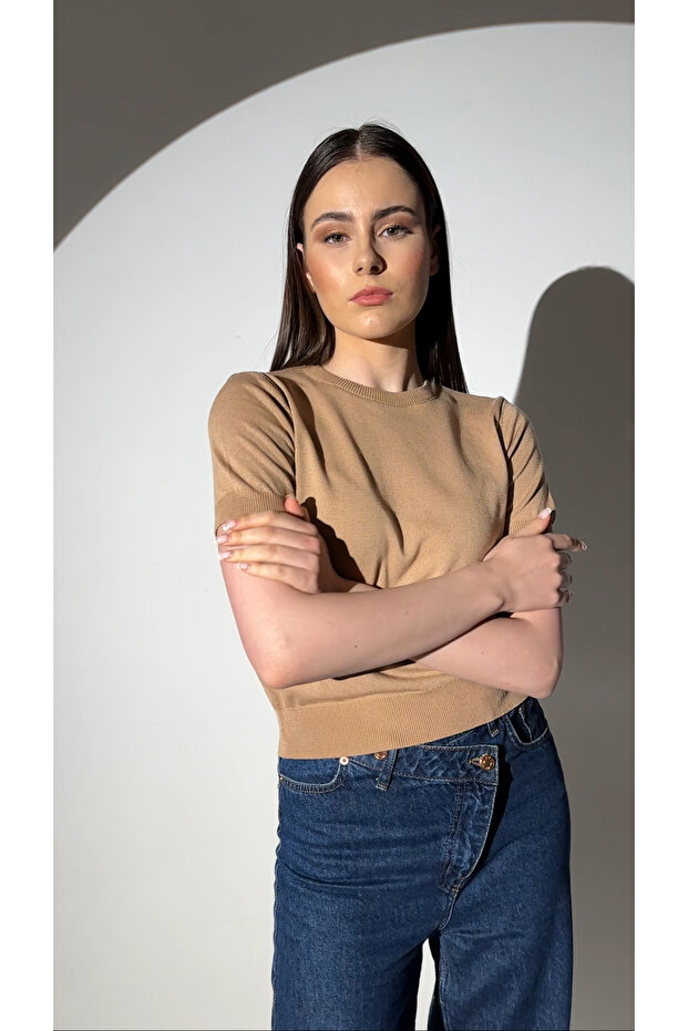 Basıc Kısa Kollu Triko Kazak-camel - 2