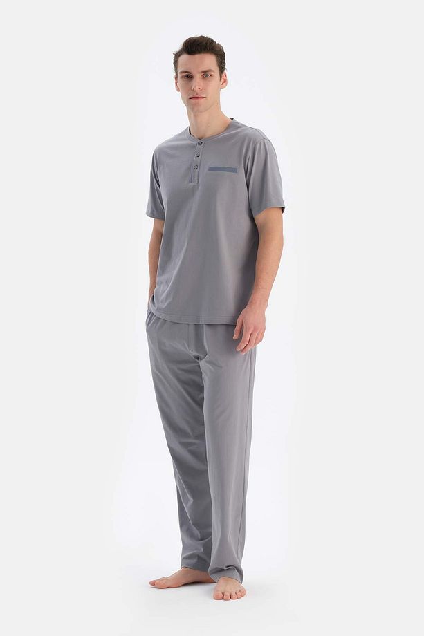 Gri Yarım Patlı Kısa Kollu Örme Pijama Takımı - 7