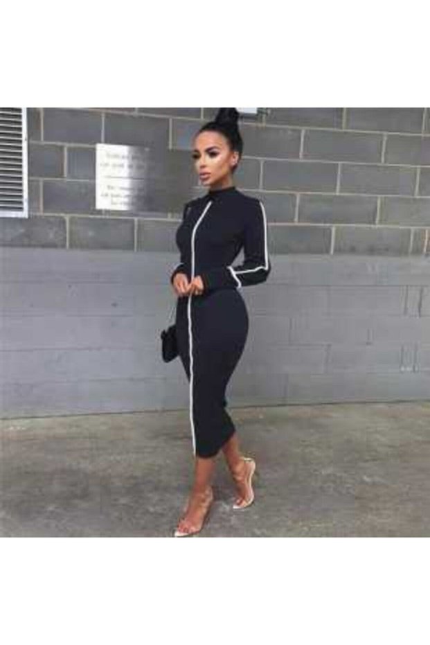 Flexible Black Fabric Half Turtleneck White Stripe Detailed Knee Length Knitwear Dress Midi Length Evening Dress 570