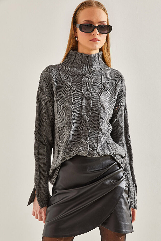 Women's Gray Half Turtleneck Hair Knit Patterned Knitwear Sweater 20234525