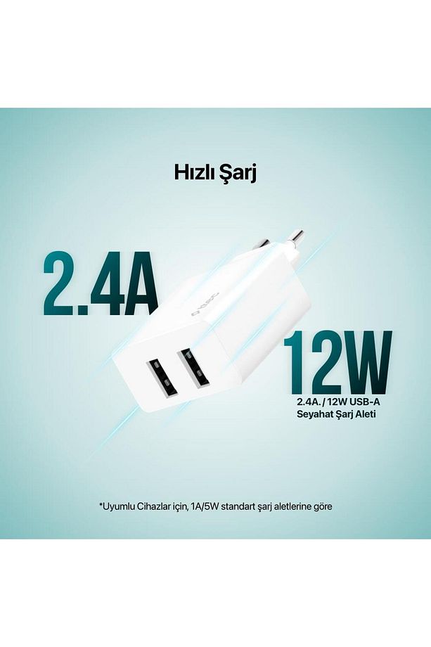 2.4A 12W Süper Hızlı 2X USB Girişli Şarj Adaptörü, İphone, Samsung, Oppo, Xiaomi Şarj Adaptörü - 2