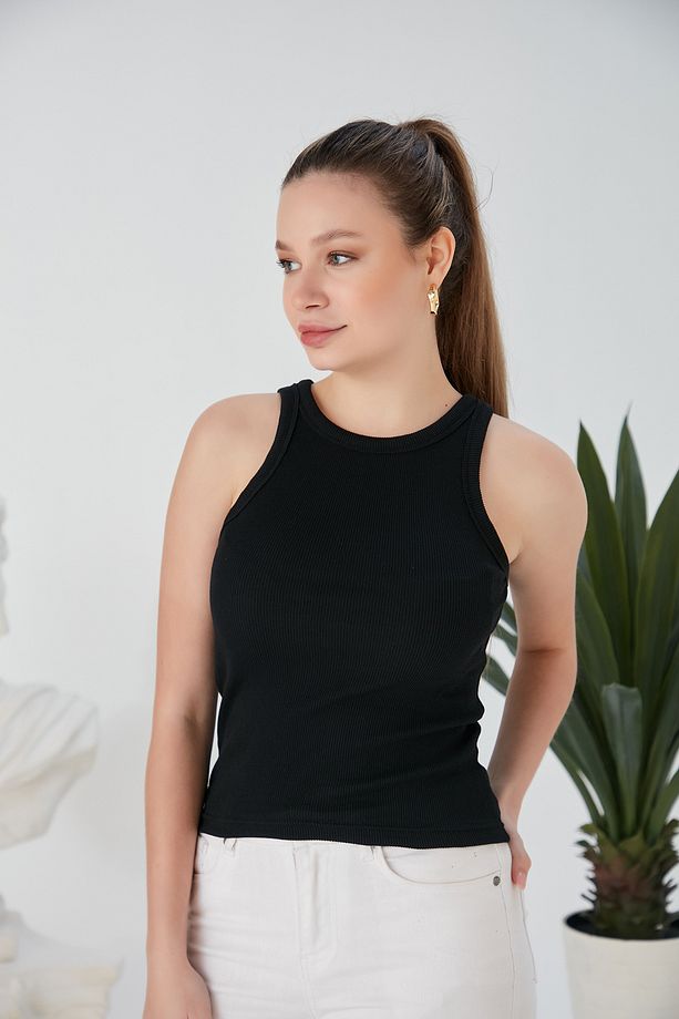 Gri Siyah 2'li Fitted/Vücuda Oturan Fitilli Esnek Örme Bluz Set - 3