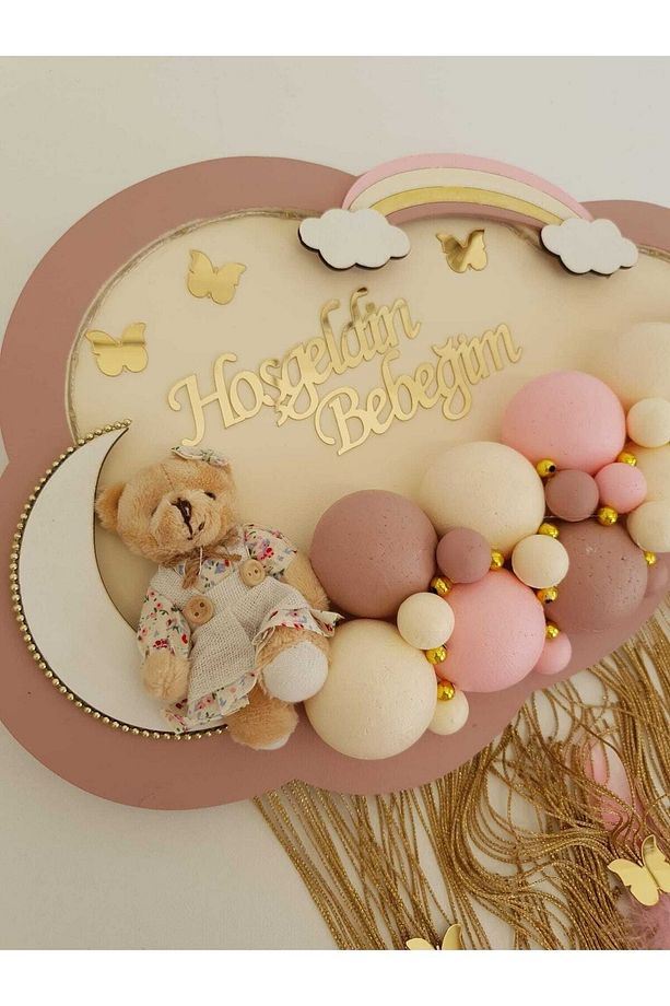 Kapı Süsü Ledli Bubble Ayıcıklı Ahşap Bulut Pano - 3
