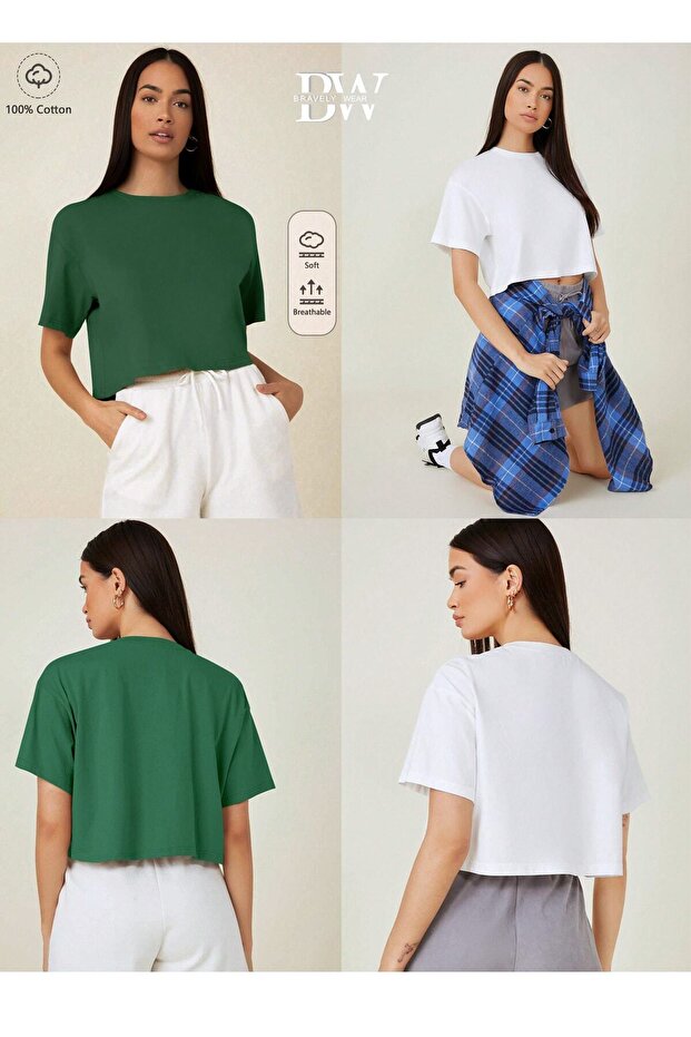 Women's Crop 2-Piece Set T-shirt Plain Unprinted (oversize) Cotton Crew Neck
