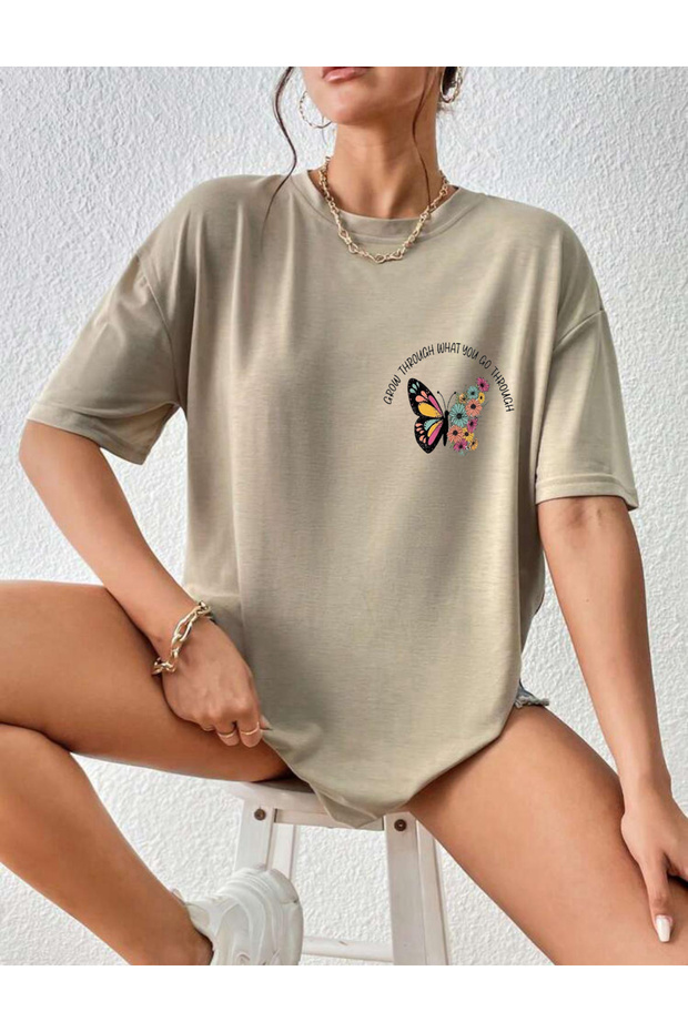 Butterfly and Flower Printed Oversize Patterned Cotton Neck Piping T-shirt
