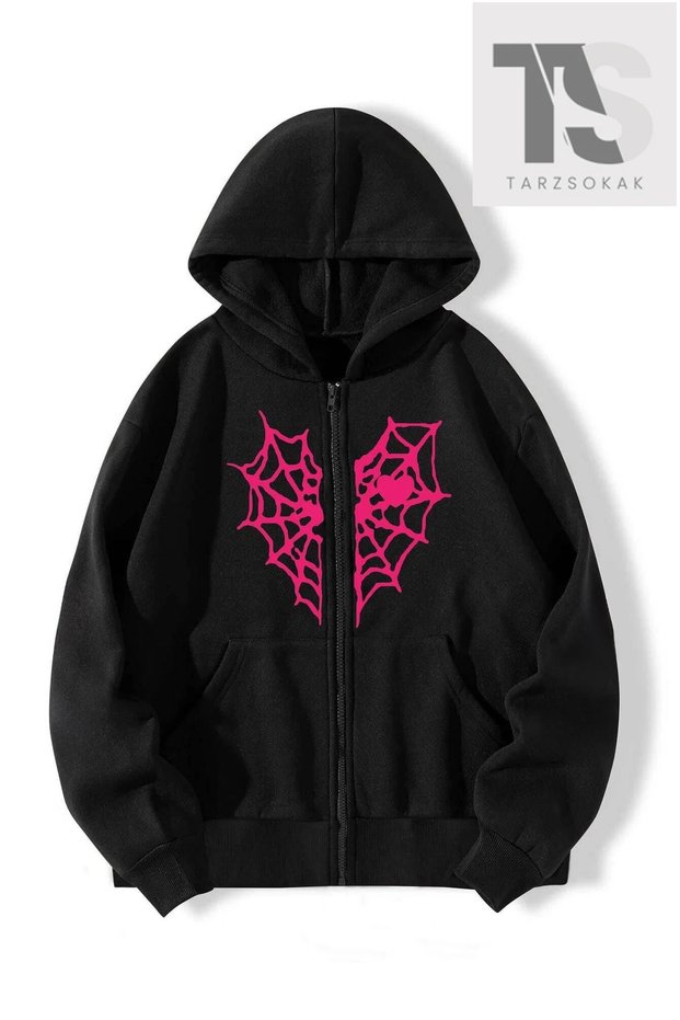 Red Heart Spider Web Sweatshirt Zippered Cardigan