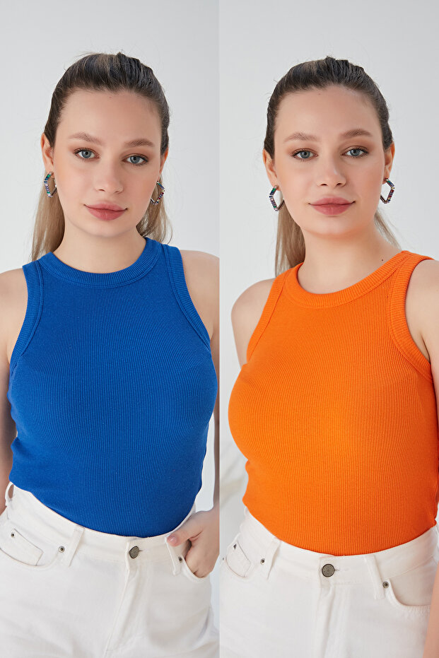 Cobalt Orange Zargo Model 2-Piece Set Fitted Wide Trim Halter Neck Corded Fabric Stretchy Knit Cropped Blouse