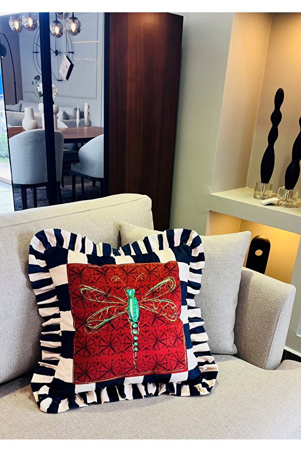 Dragonfly Patterned Petrol Green Velvet Throw Pillow Cover - Hope Series Special Design Ruffled