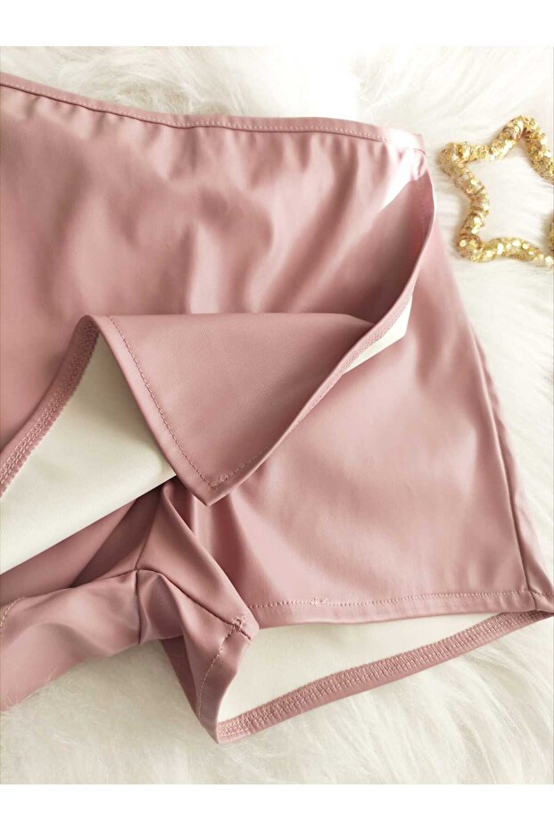 Kız Çocuk Gül Kurusu Deri Şort Etek - 3