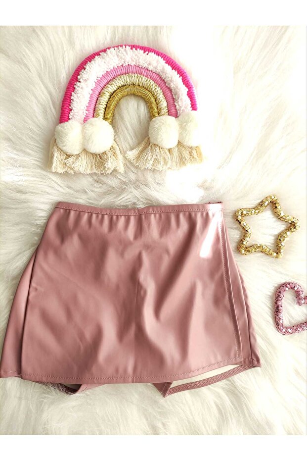 Kız Çocuk Gül Kurusu Deri Şort Etek - 1