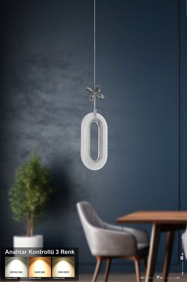 Sessi Tekli Ledli Modern Lüks Sarkıt Avize (3 RENK LED; SARI - BEYAZ - GÜN İŞIĞI) - Krom - 1