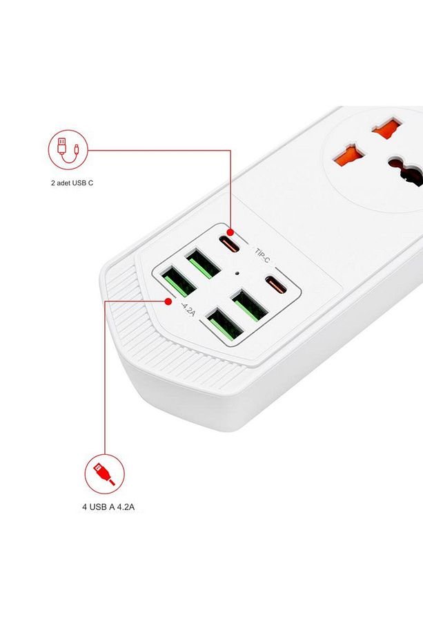 Yeni Nesil TypC Port Girişli Akım Korumalı 10 Girişli 4 Priz 4 USB, 2 Type-C Giriş, Isıya Dayanıklı - 2
