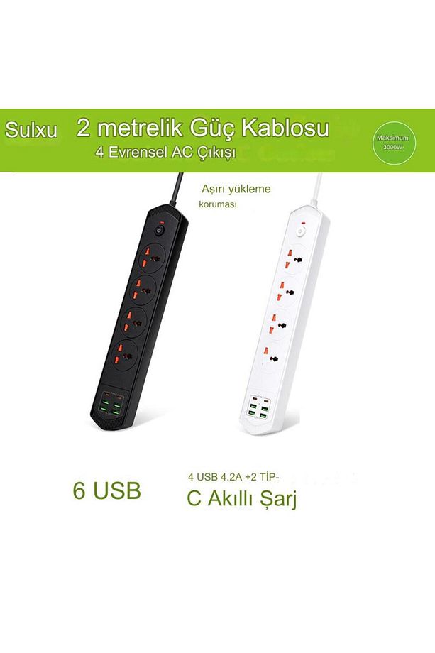 Yeni Nesil TypC Port Girişli Akım Korumalı 10 Girişli 4 Priz 4 USB, 2 Type-C Giriş, Isıya Dayanıklı - 5