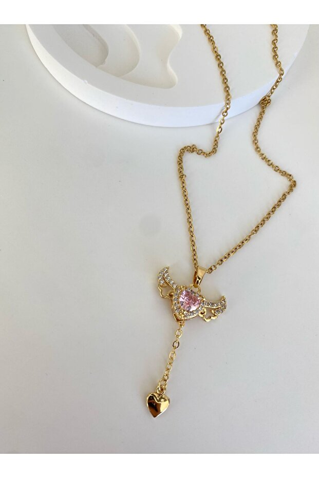 Pembe Kalpli Kanatlı Kolye - 1