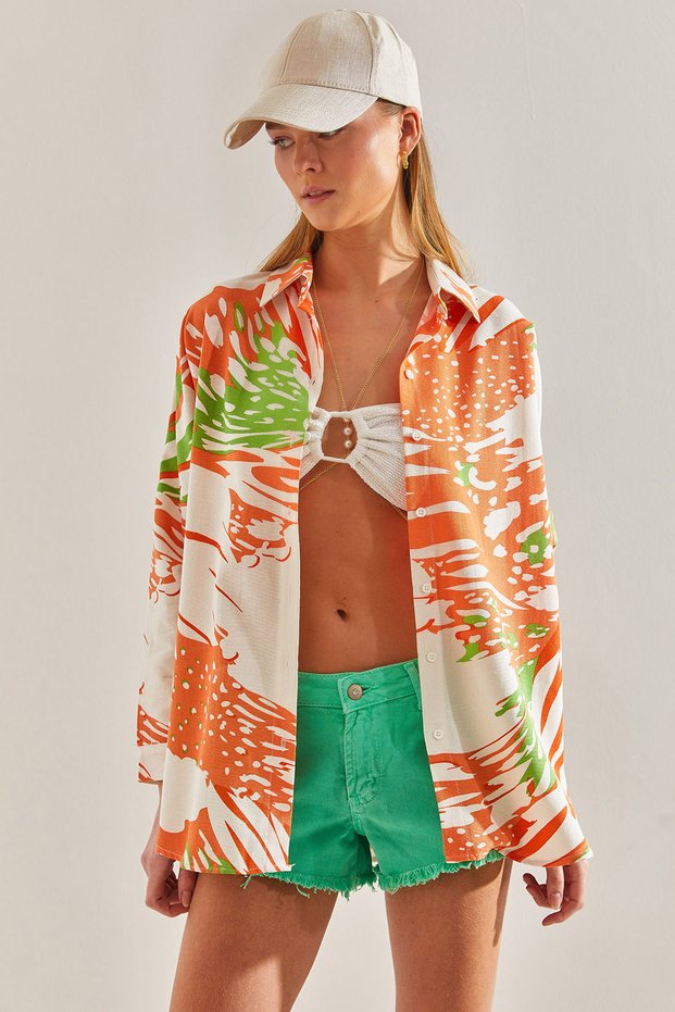 Women's Orange Leaf Patterned Casual Linen Shirt 60101022