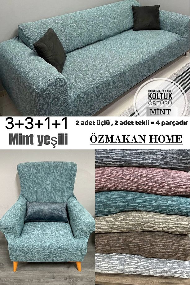 Streç Lastikli Esnek Yıkanabilir Pamuklu 3 3 1 1 Jakarlı Koltuk Örtüsü Takımı Koltuk Kılıfı - 1