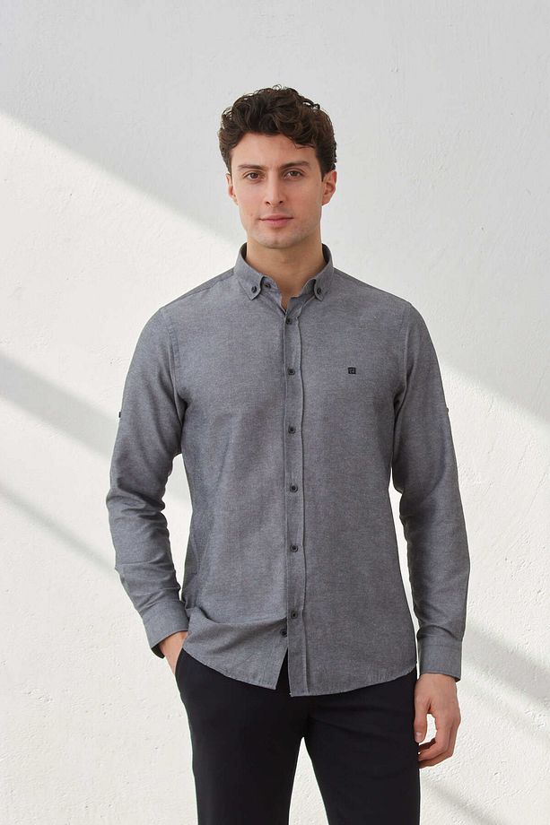 Slim Fit Desenli Şambre Spor Erkek Gömlek - 1