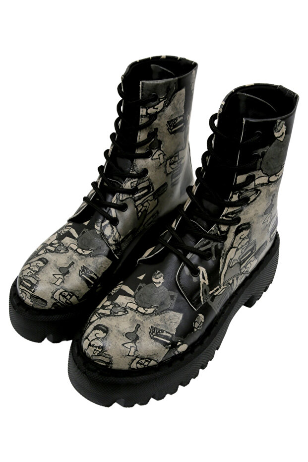 Women's Vegan Leather Black Long Boots - Supper Black White Design