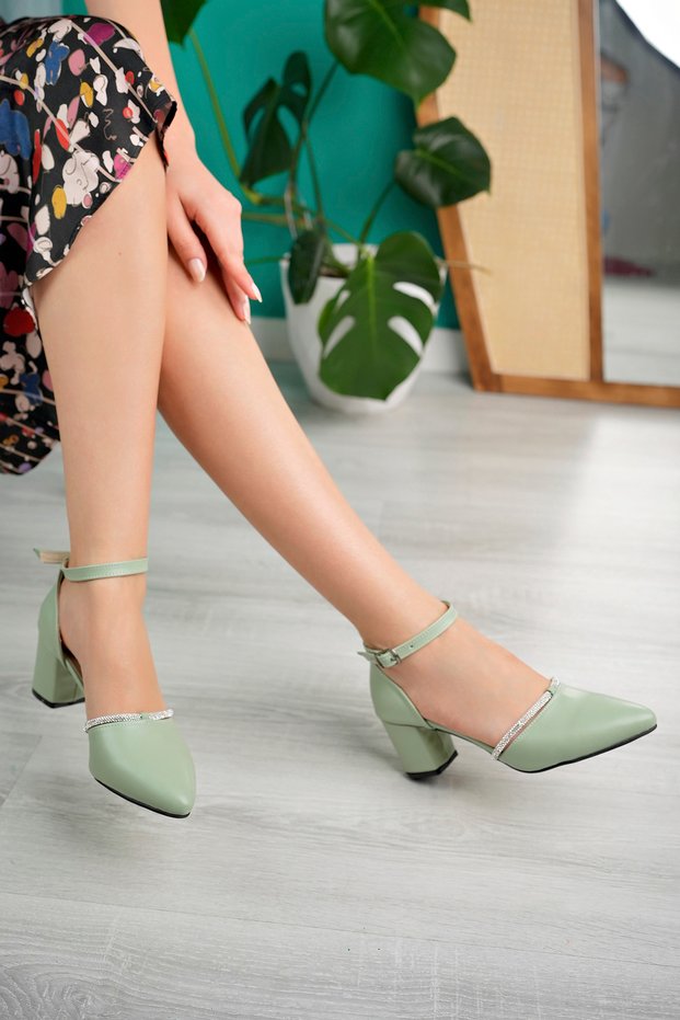 Women's Pointed Toe Green Leather Medium Size Thick Heeled Stone Detailed New Classic Shoes