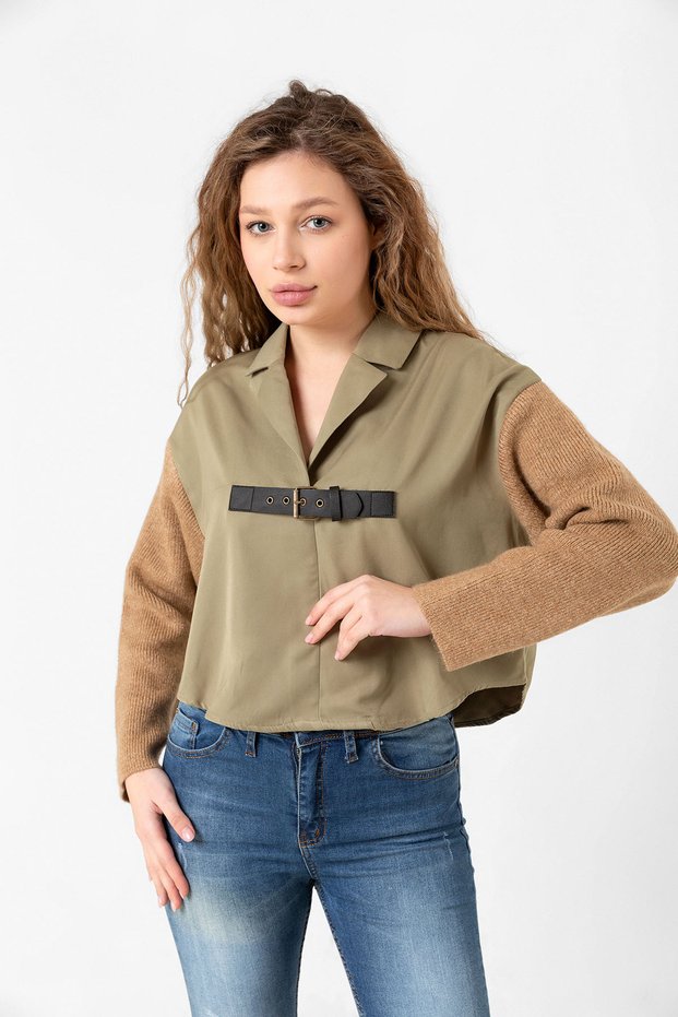 Women's V-Neck Belted Shirt Sleeve Knitwear
