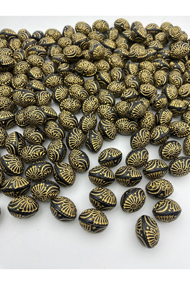 Gold Antique Patterned 20x16mm Almond Bead on Black, Jewelry Bag Accessory Bead (100gr ~40 Pieces)