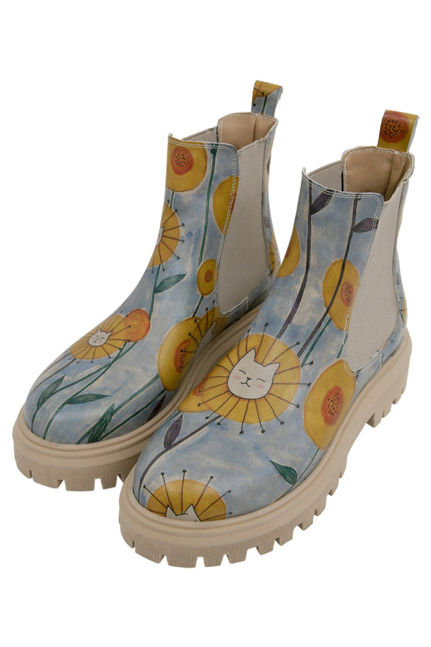 Women's Vegan Leather Multicolored Ankle Boots - Cat Flower Design