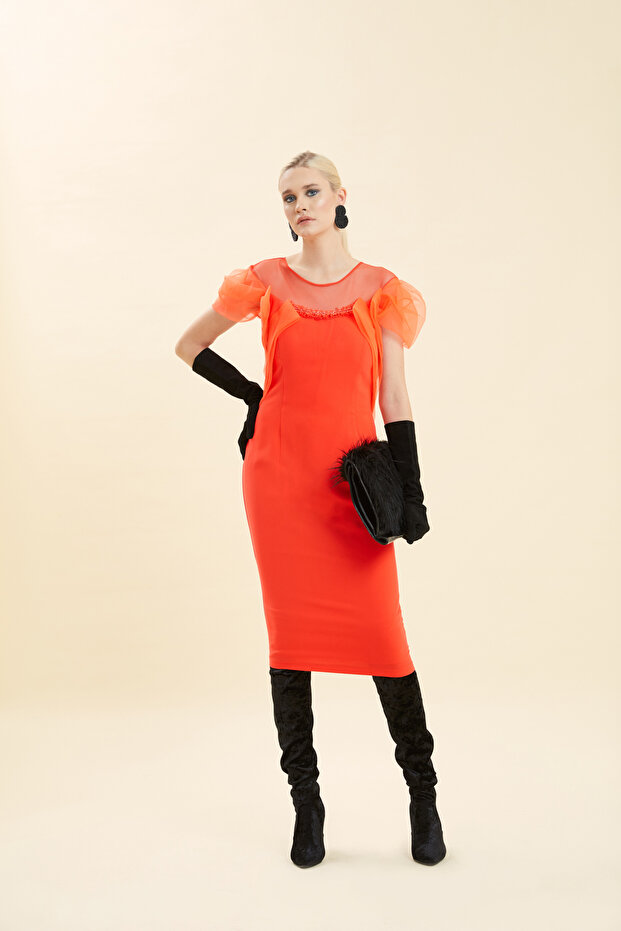 Organze Detaylı Elbise - 1