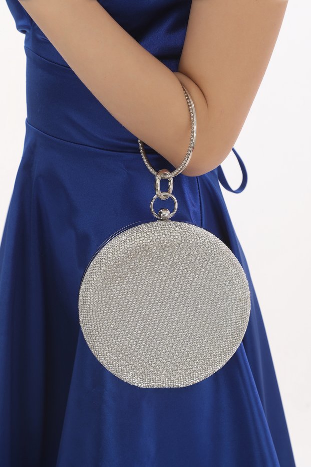 Silver Color Glittering Stone Design Bracelet Ring Evening Dress Portfolio Clutch Bag