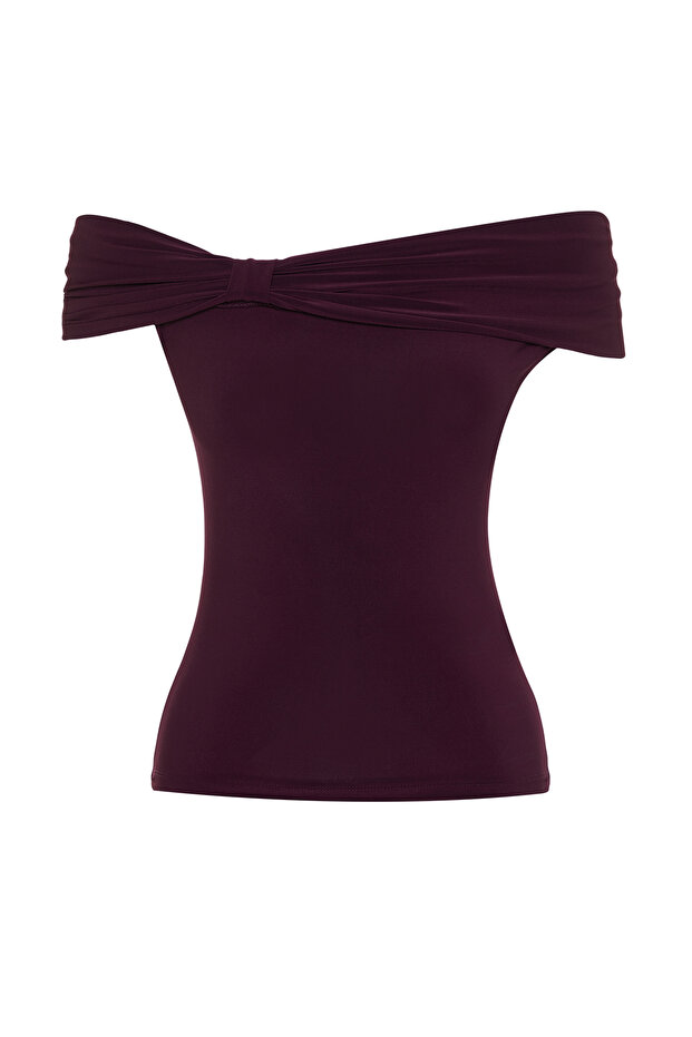 Mürdüm Carmen Yaka Vücuda Oturan Esnek Crop Örme Madonna Yaka Bluz TWOSS24BZ00368 - 7