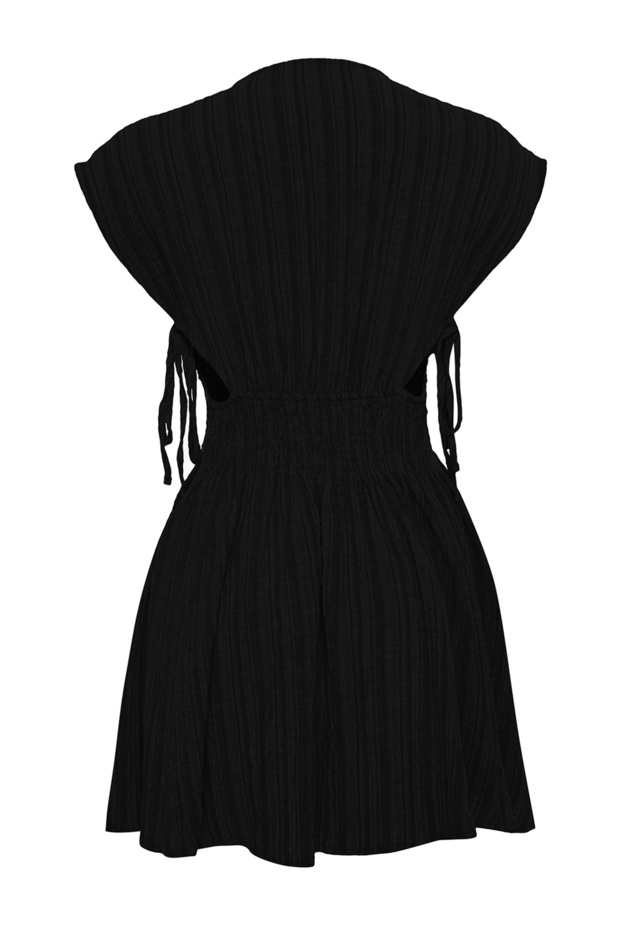 Siyah Mini Dokuma Cut Out Detaylı Keten karışımlı Plaj Elbisesi TBESS24EL00075 - 9