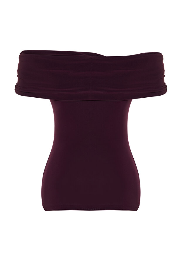 Mürdüm Carmen Yaka Vücuda Oturan Esnek Crop Örme Madonna Yaka Bluz TWOSS24BZ00368 - 8