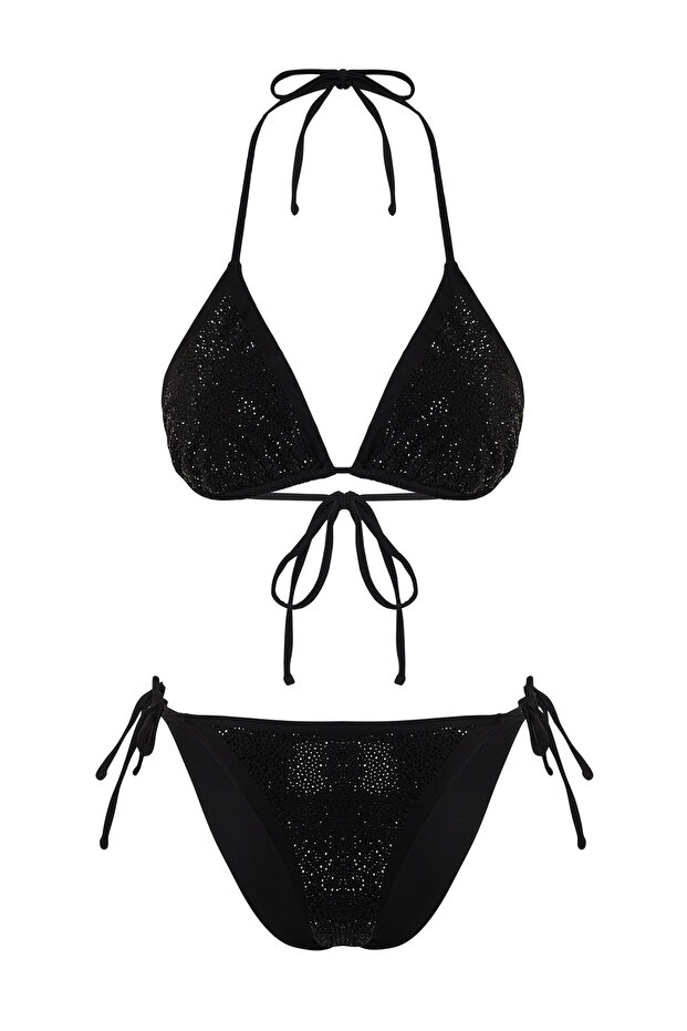 Siyah Taş Baskı Üçgen Kaplı Brazilian Normal Bel Bikini Takımı TBESS24BT00131 - 6