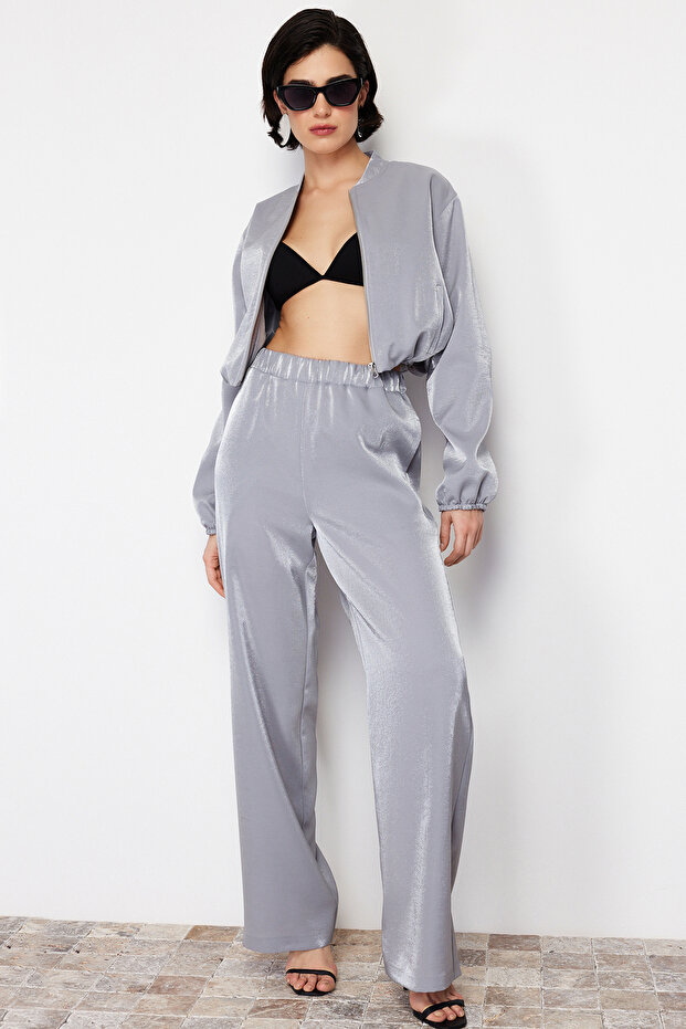 Antrasit Saten Wide Leg/Geniş Paça Lastikli Dokuma Pantolon TWOSS24PL00086 - 3