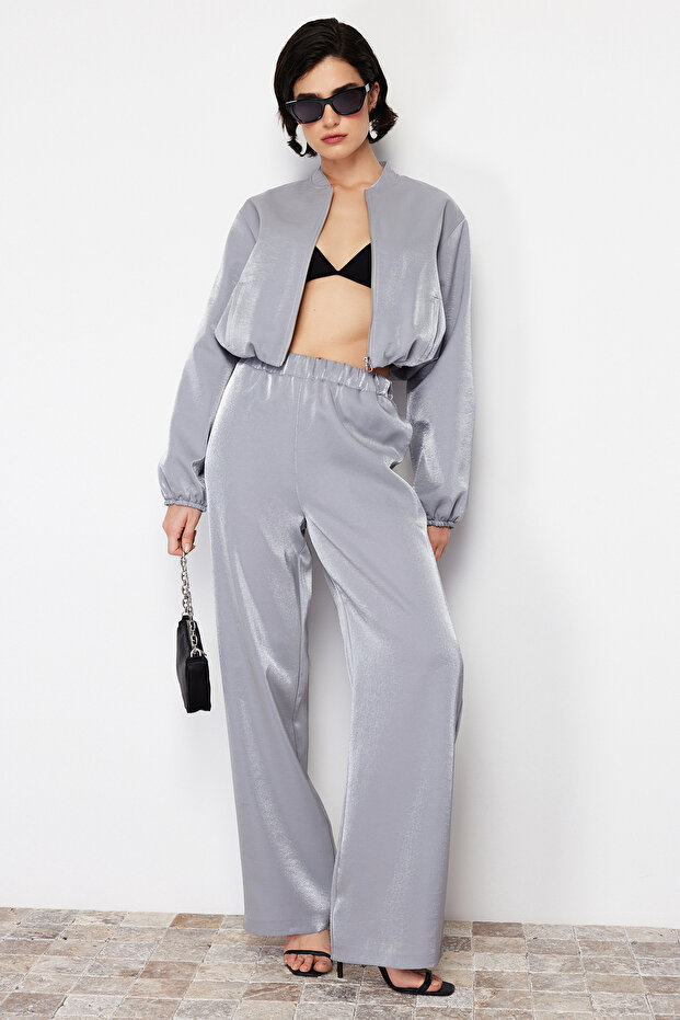 Antrasit Saten Wide Leg/Geniş Paça Lastikli Dokuma Pantolon TWOSS24PL00086 - 1