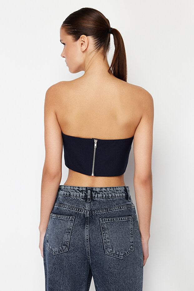 Lacivert Straplez Korse Crop Dokuma Bluz TWOSS24BZ00347 - 6